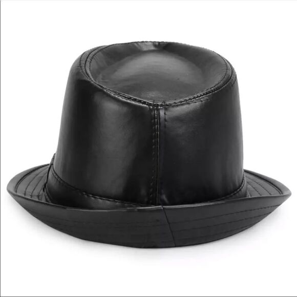 Black Faux Leather Short Brim Trilby Fedora Hat NEW - Picture 2 of 4